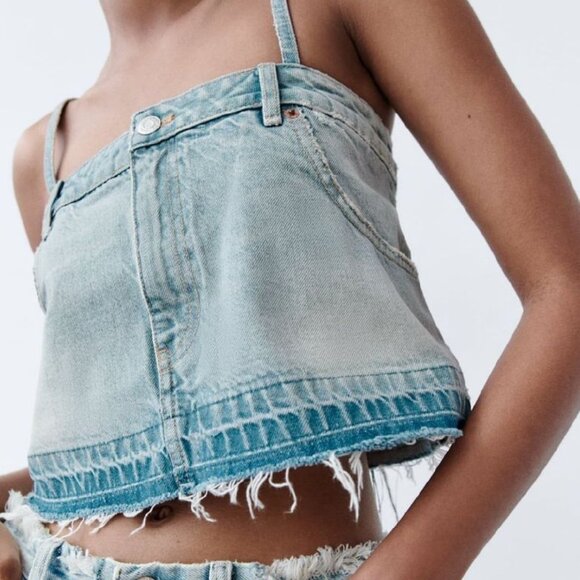 🆕 ZARA TRF SKIRT STYLE DENIM CROP TOP | ZARA DENIM CROP TOP - Picture 7 of 8